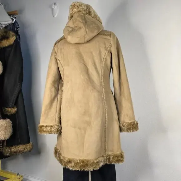 Y2K Penny Lane Faux Fur Toggle Coat Hood Tan Fisherman Core Winter Boho - Picture 4 of 7